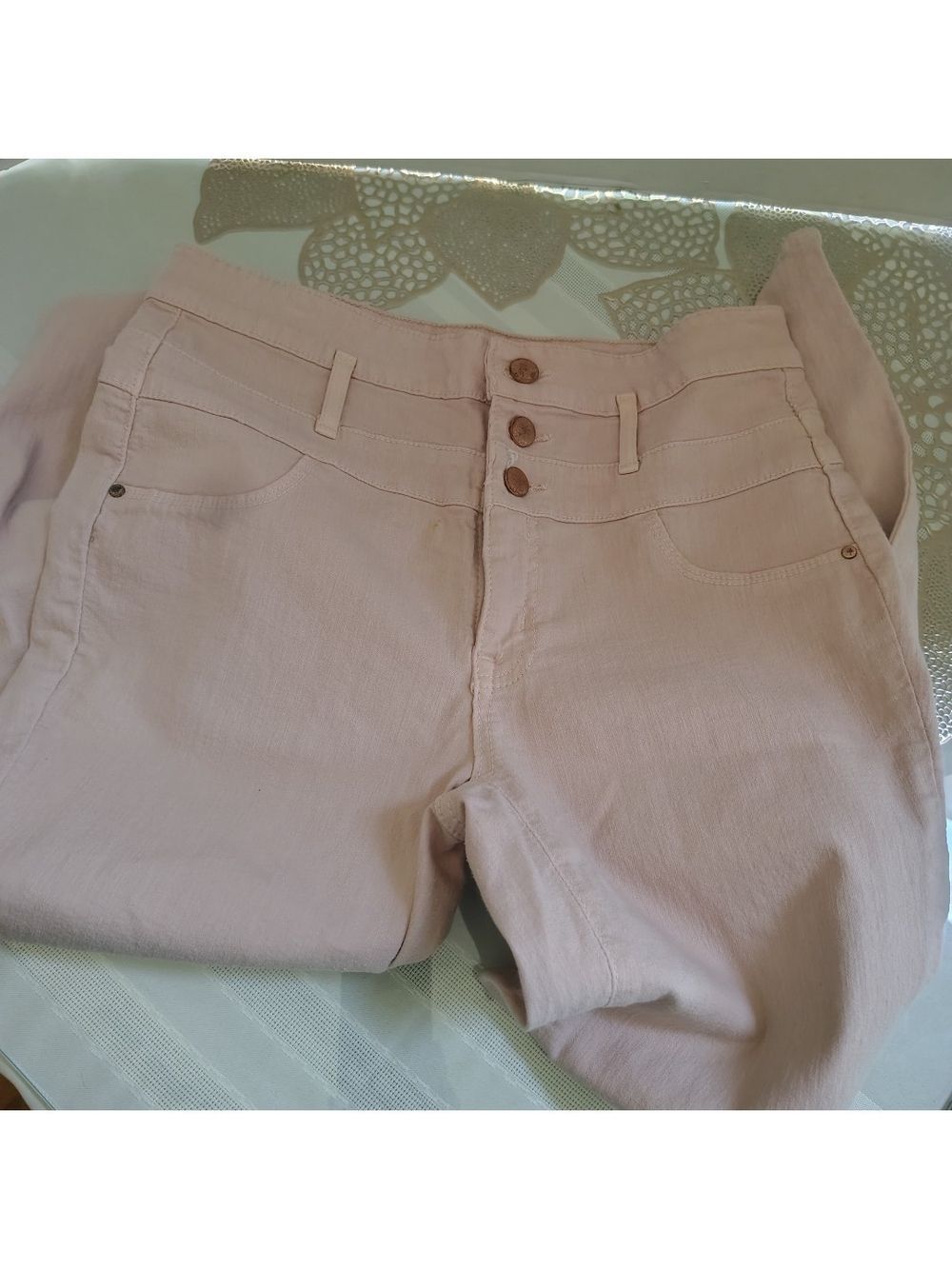 Refuge High-Rise Pale Pink Blush Skinny Jeans with Triple Button Size 6
